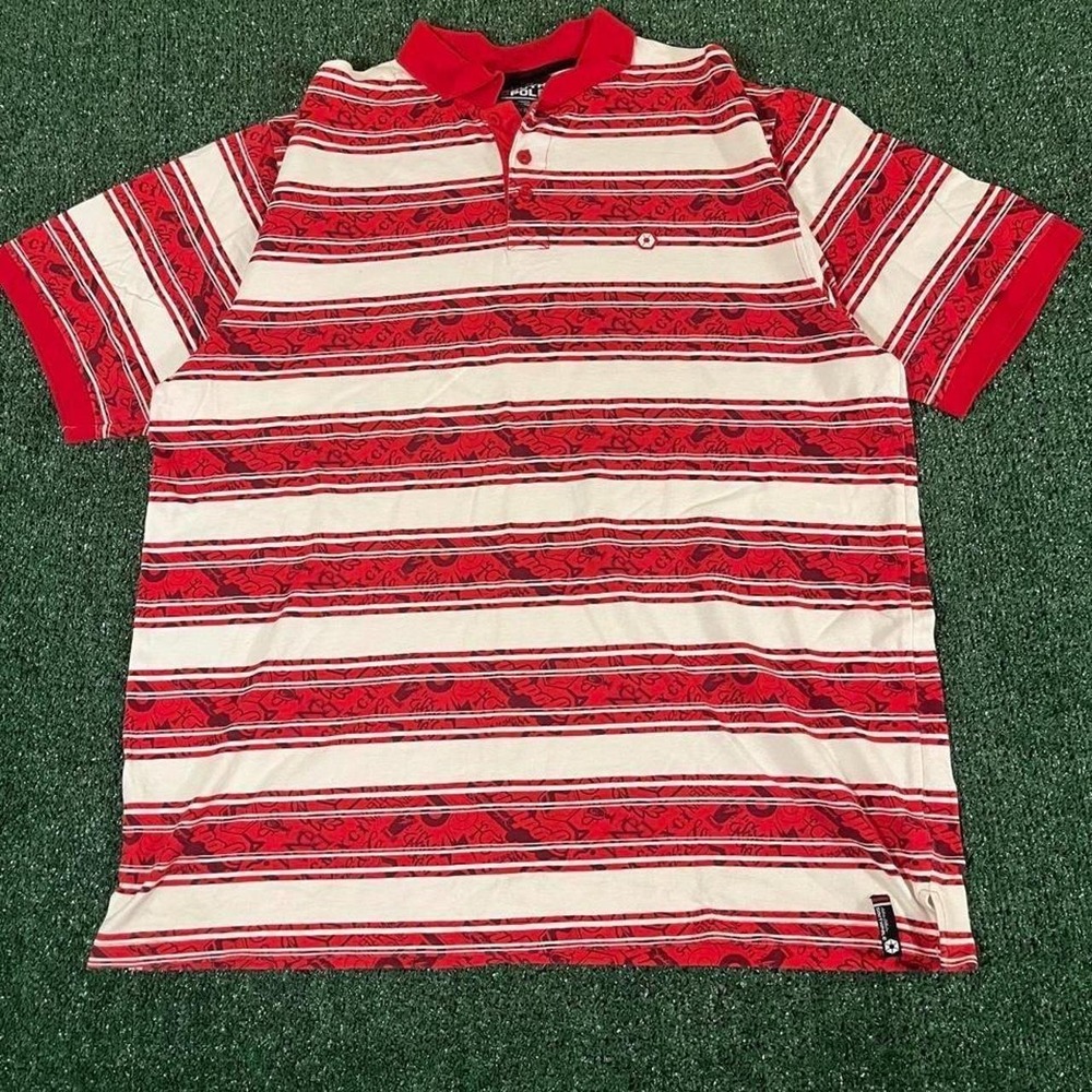 Southpole Vintage Striped Polo Shirt Red Cream Graphic Y2K Streetwear Mens XXL